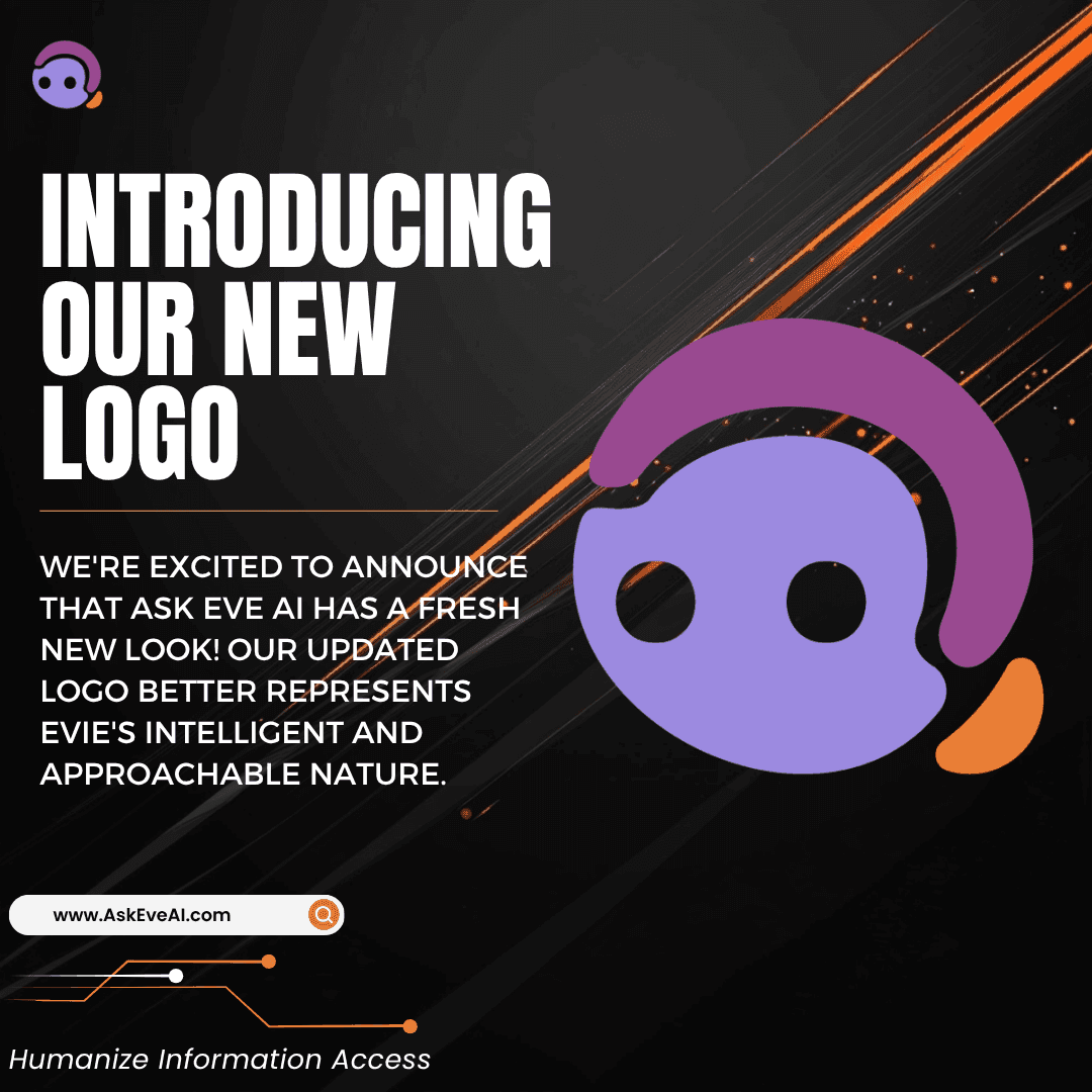 Ask Eve AI's new logo features a stylized purple and orange design resembling a friendly face.