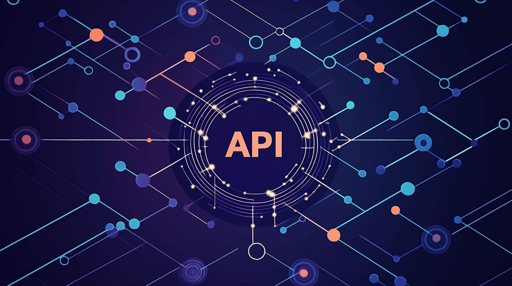 Central API text surrounded by a complex digital network of connected nodes and lines.
