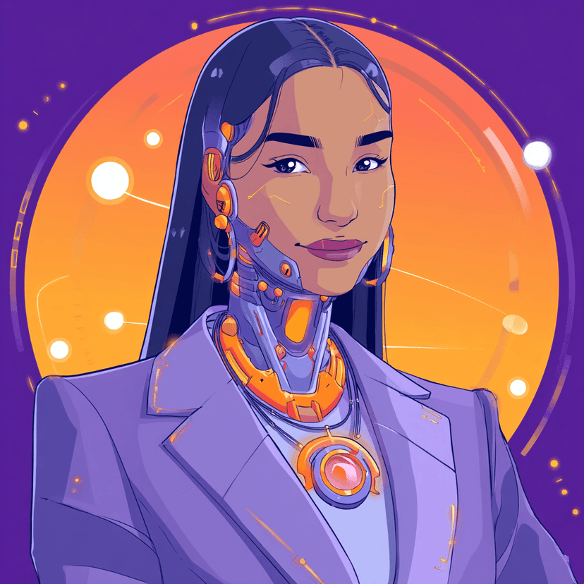 A woman with dark hair, cybernetic face and arm, wears a purple suit jacket.